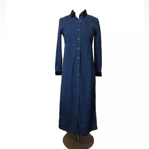 Talbots Women’s Denim Midi Dress Velvet Collar  Trim & Cuffs Button Front  SZ 4